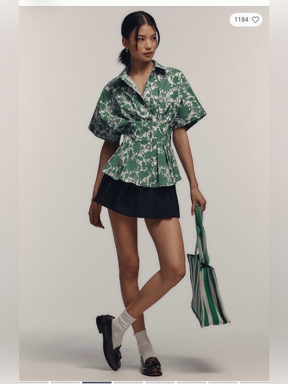 Anthropologie The Tobie Short Sleeve Pleated Blouse By Exquise Green Floral Sz L - Picture 4 of 8
